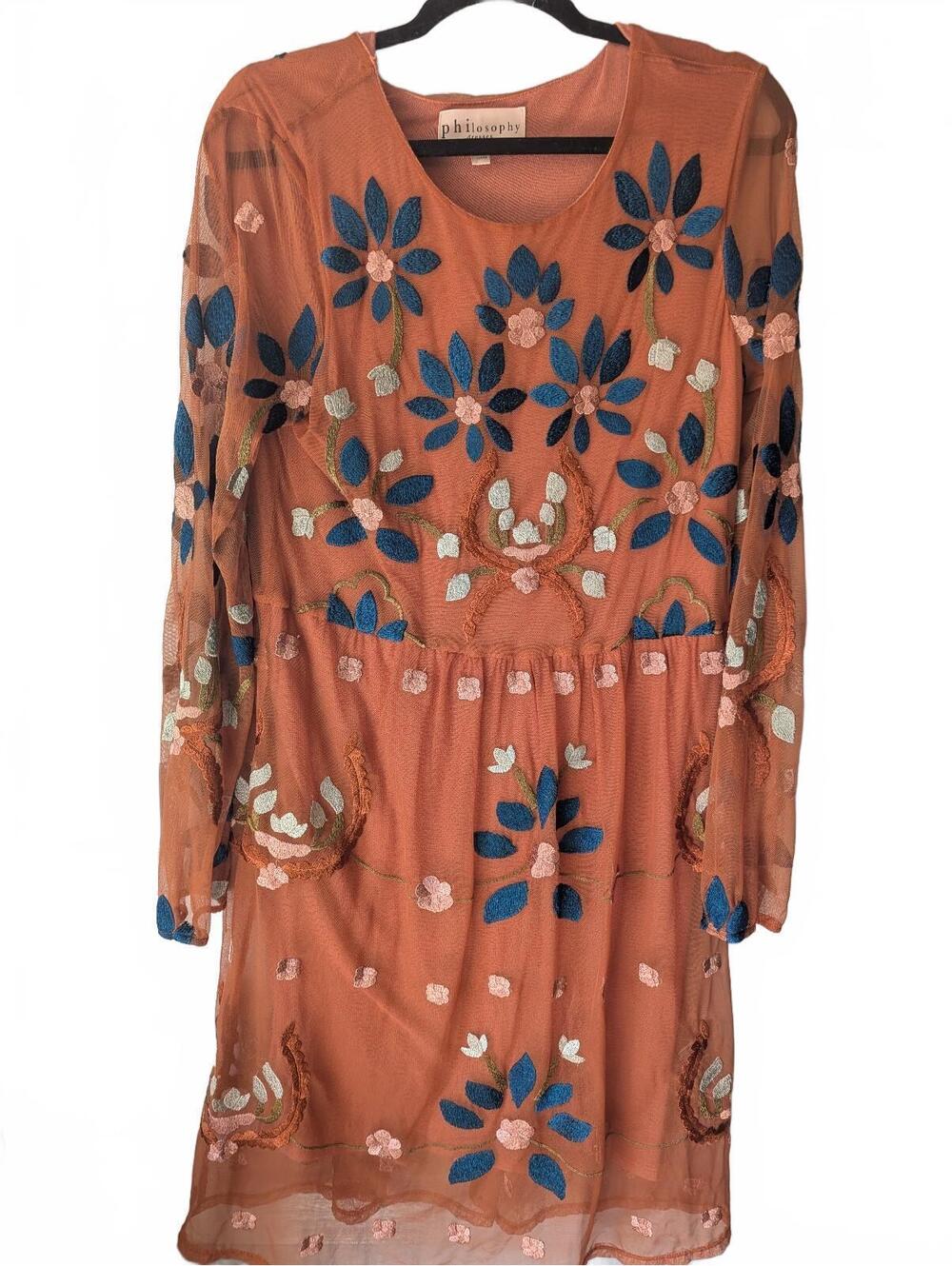 Philosophy Embroidered Floral Mesh Dress in Rust Orange, Size Large